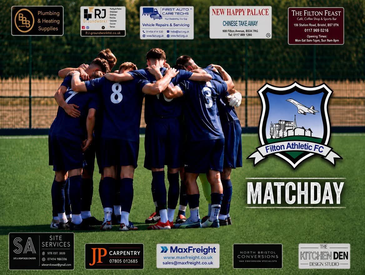 Filton Athletic FC matchday — the squad in a pre-match huddle, framed by club sponsors.